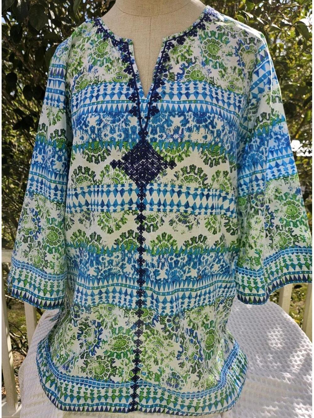 Westbound Womens Plus 2X Blue Green White Tunic with Blue Embroidery 100% Cotton